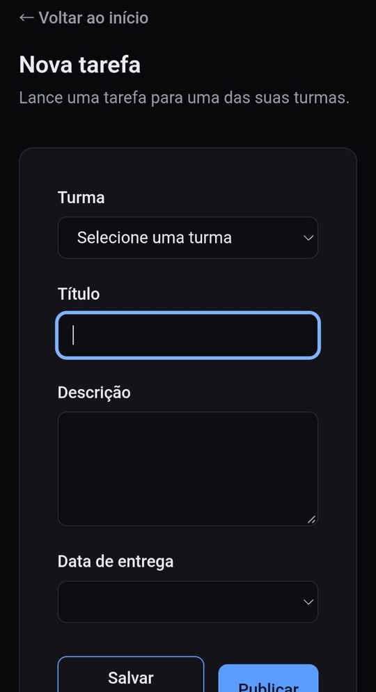 Tela Nova tarefa do professor, com turma, título, descrição e data de entrega