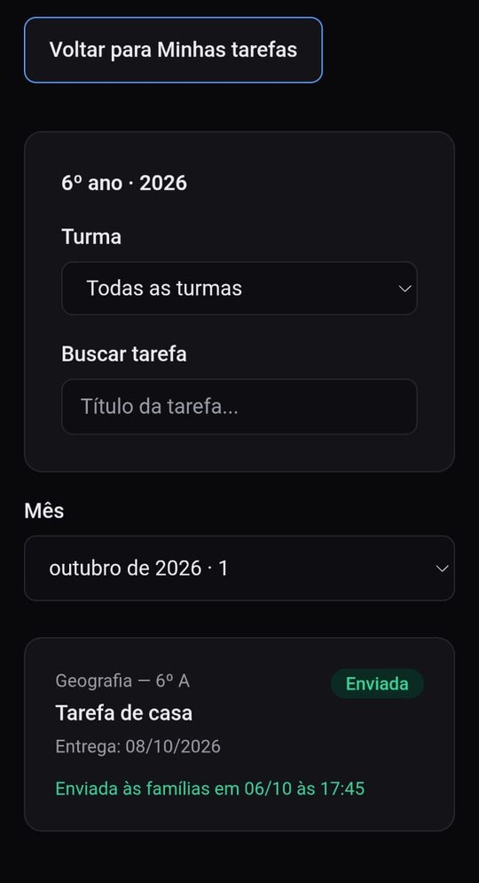 Lista de tarefas do professor, com filtro por turma, busca e seletor de mês
