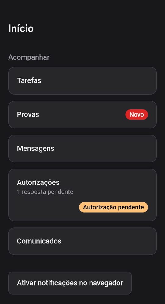 Tela inicial do responsável no School Hub, com Tarefas, Provas com selo Novo, Mensagens, Autorizações com Autorização pendente e Comunicados
